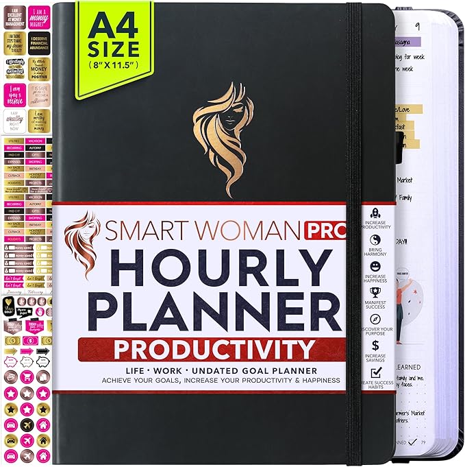 Hourly Planner - Undated Daily, Weekly & Monthly Planner with Budget Section | A 12 Month Journey to Increase Productivity & Happiness | Life Organizer & Gratitude Journal - Vertical Format