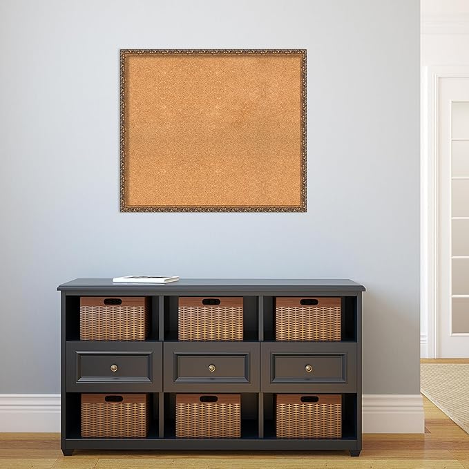 Amanti Art Natural Cork Board for Wall, 28x32 Vision Board with Bronze Frame, Large Corkboard Office Decor for Home Organization, Traditional Corkboard Pinboard to Display Items for Home Organization