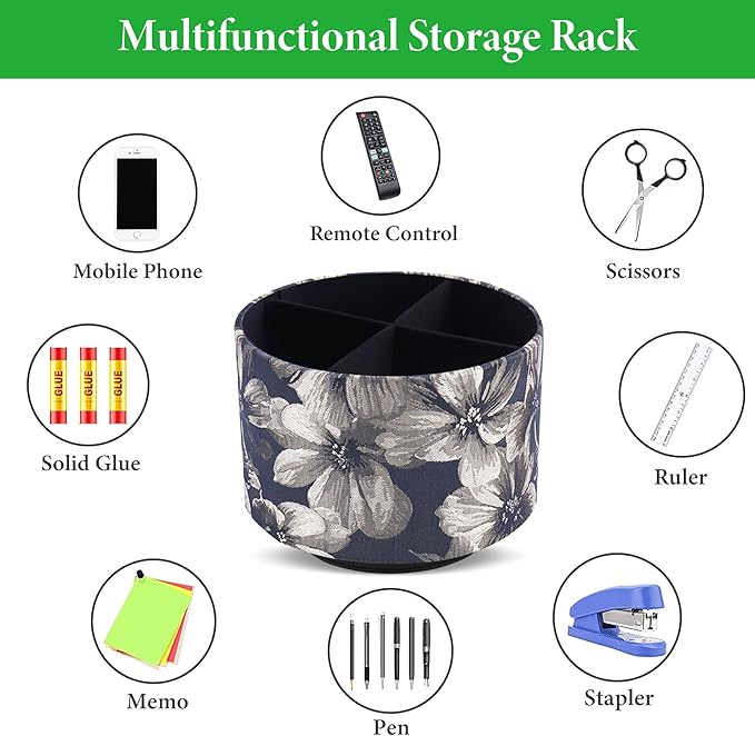 QIELIZI Round Leather Art Supply Organizer,Remote Control Holder,360 Degree Rotating,Multi-Functional Pencil Holder,4 Compartments Desktop Stationary Organizer(1-Dahlia Yellow)