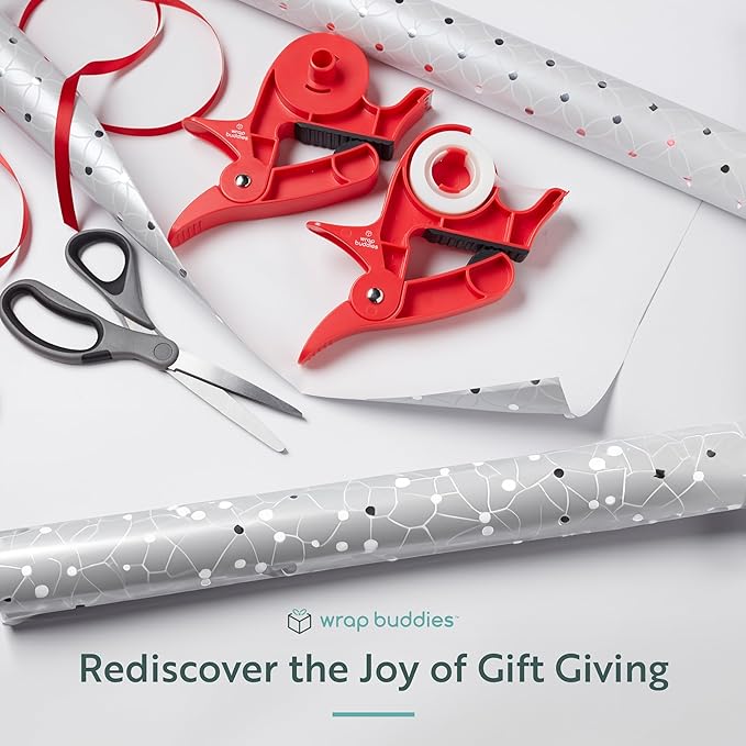 Wrap Buddies Tabletop Gift Wrapping Tool with Tape Dispenser – Set of 2 Adjustable Wrapping Paper Table Clamps with Craft Tape Dispenser - Perfect for Holidays and Crafting - Cherry Red