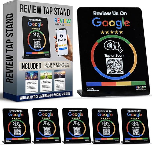 NFC Tap Stand (6-Pack) by Review Highway - Compatible with Google Reviews - NFC Tap & QR Scan for Instant Reviews - Boost SEO - iPhone/Android Compatible – Reusable and Zappy Fast (Black, 6 Stands)