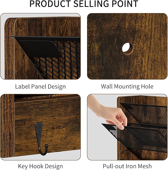 Wall File Organizer with 4 Hooks,5 Tier Vertical Hanging Wall Mount File Holder,Desk File Organizer,Desktop Mail Paper Folder Holder Rack with Bottom Tray for Office and Home