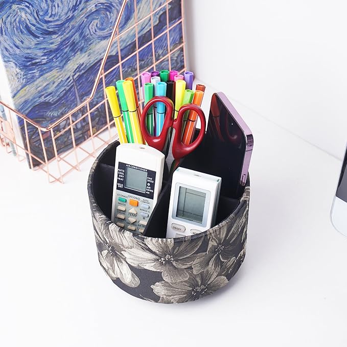 QIELIZI Round Leather Art Supply Organizer,Remote Control Holder,360 Degree Rotating,Multi-Functional Pencil Holder,4 Compartments Desktop Stationary Organizer(1-Dahlia Yellow)