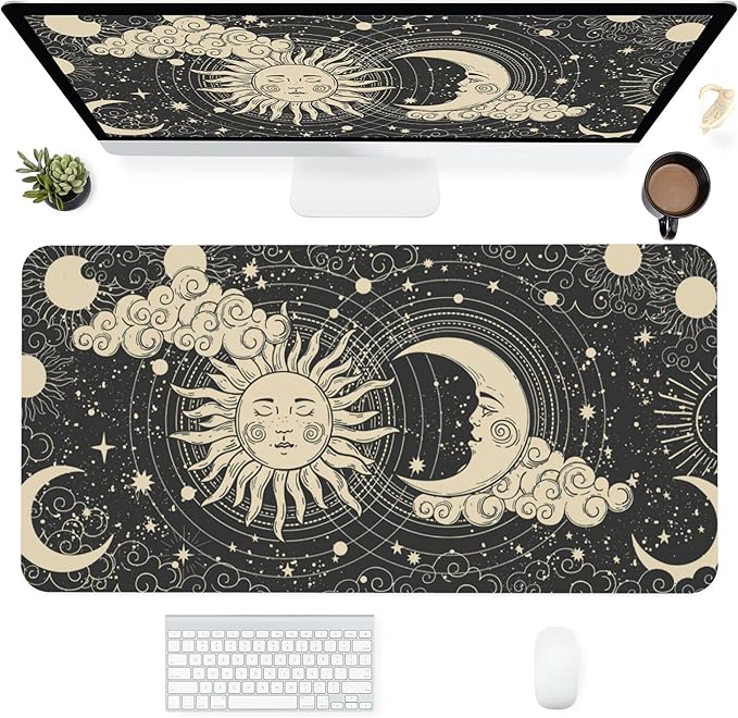 Desk Mat,Celestial Sun and Moon Extended Gaming Mouse Pad for Office Work & Game,Computer Keyboard Mouse Mat Desk Non-Slip Rubber Base Large Mousepad with Stitched Edges, 31.5x15.7inch