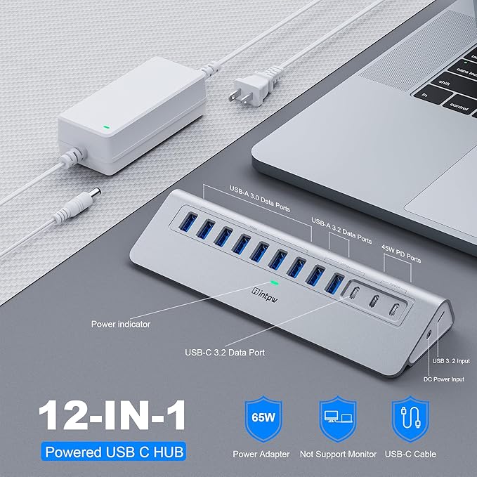 Powered USB Hub 10Gbps, intpw 12 Port USB C Hub with 10Gbps USB C 3.2, 2 USB A 3.2, 7 USB 3.0, 2 PD 45W Charging Ports, 65W Power Adapter and 3.3FT Cable, Aluminum USB Hub for Laptop, iPhone16/15, PC