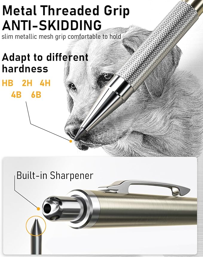 Nicpro 34PCS Art Mechanical Pencil Set, Metal Drafting Pencil 0.3 mm & 0.5 mm & 0.7 mm & 0.9 mm & 2PCS 2mm Lead Holder (6B 4B 2B HB 2H 4H Colors) For Sketching Drawing With 19 Tube Lead Refills Case