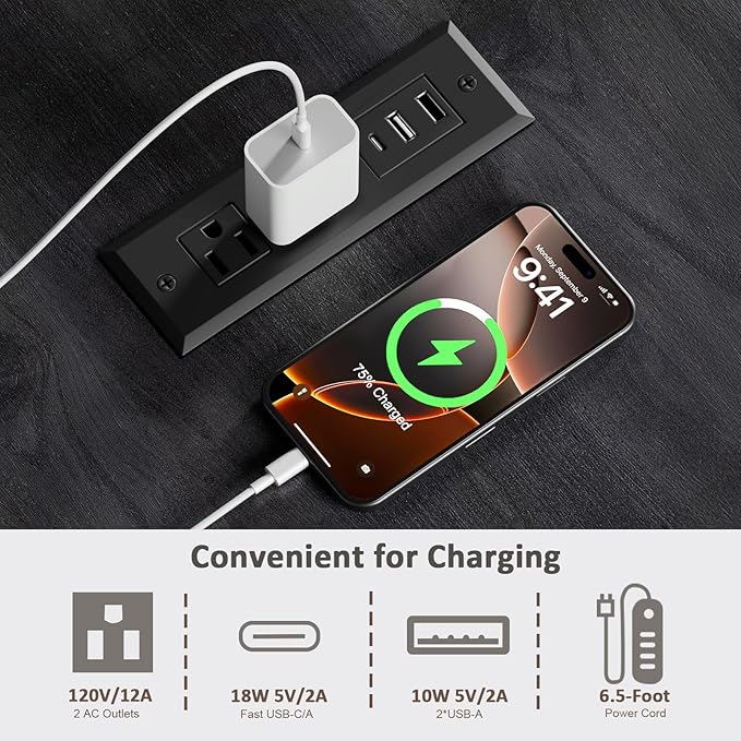 Lateral File Cabinet 3 Drawer File Cabinet with Charging Station, Printer Stand with Open Adjustable Storage Shelves, Lateral Filing Cabinet for Home Office, Black