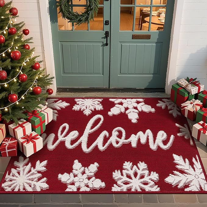 Christmas Doormat with Non Slip, Loop Pile Red and White Indoor Christmas Welcome Mat with Absorbent & Dirt-Trapping, Porch Decor Outdoor Front Door Mat 32x48 Inch