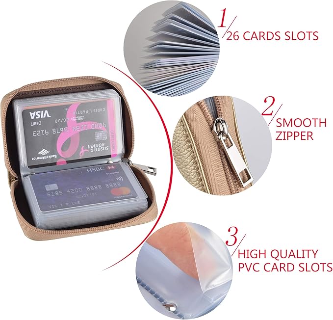 Easyoulife Genuine Leather Credit Card Holder Zipper Wallet With 26 Card Slots