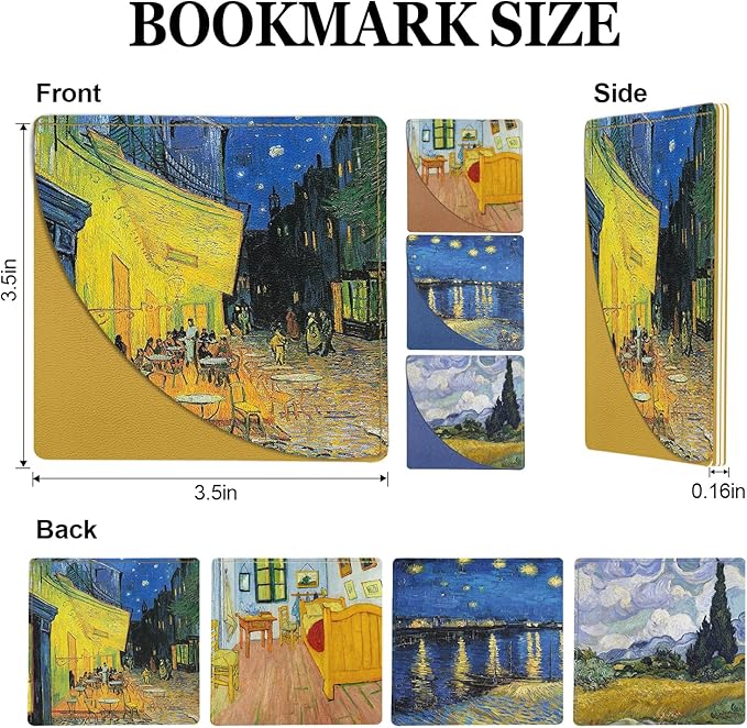 Van Gogh Starry Night Bookmarks Leather,4 Pcs Fun Book Accessories for Reading Lovers, Personalized Corner Page Markers for Women Men Girls Boys Student Teacher Kids Gifts (Oil Painting)
