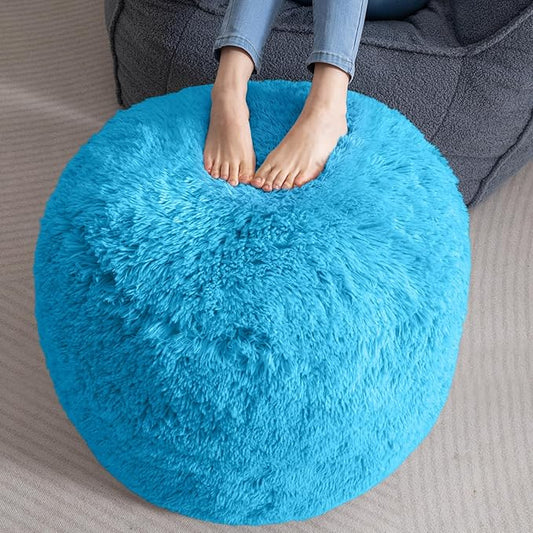 HIGOGOGO Round Stuffed Pouf Ottoman, Long Faux Fur Poufs with Foam Chunk Filling, Fluffy and Furry Pouf Foot Stool Storage Ottoman, 26 X 18 Floor Poufs Foot Rest for Living Room, Blue