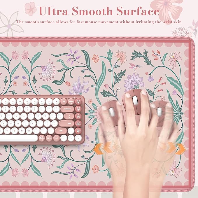 HAOCOO Pink Desk Mat, Aesthetic Flower Mouse Pad, 35.4" x 15.7" Computer Mat, Keyboard Pad Dorm Decor, Non-Slip Mouse Pad for Laptop with Stitched Edges, Home Office Desk Protector