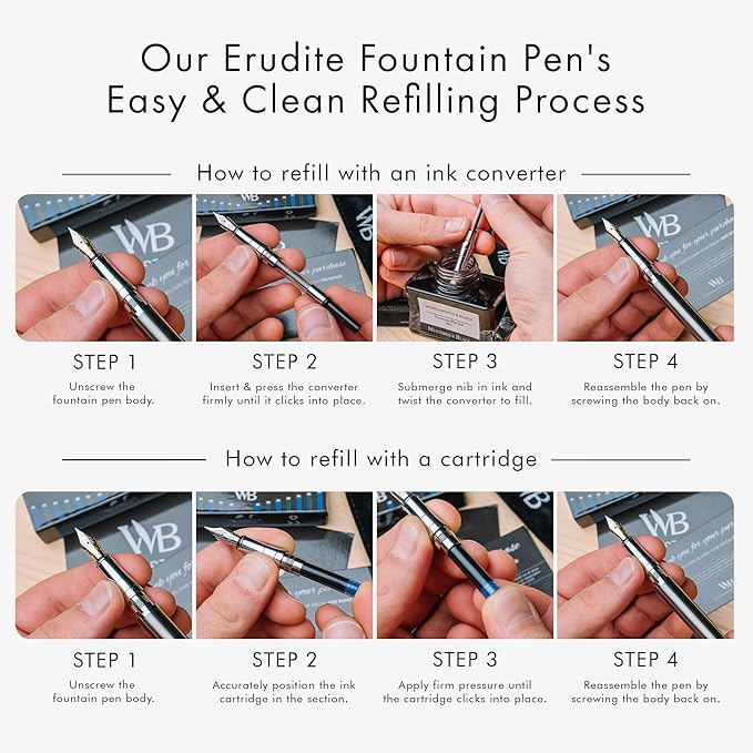 Wordsworth & Black Fountain Pen Set, Medium Nib, Includes 24 Pack Ink Cartridges, Ink Refill Converter & Gift Pouch, Chrome Finish, Calligraphy, [Silver Chrome], Perfect for Men & Women