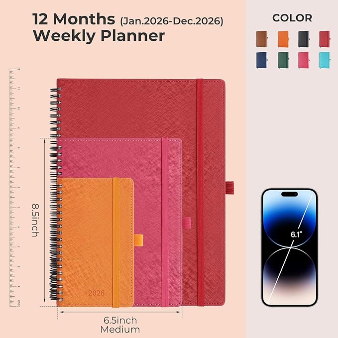 Planner 2026 Daily Weekly and Monthly,8.5"x6.5",12 Months Spiral Bound Calendar Agenda with Self-adhesive Pen Holder,2026 Appointment Book with Vegan Leather Soft Cover,Red