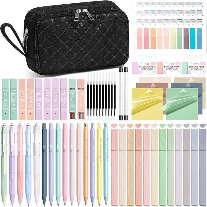 62PCS Aesthetic School Supplies with Cute Pencil Case, Pastel Highlighters Black Ink Gel Pens Mechanical Pencils Kit, Back to School Supplies College Essentials Preppy Stationary Set for Student Girls