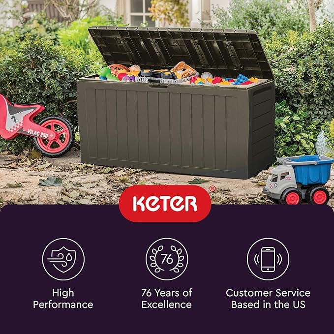 Keter Marvel Plus 71 Gallon Resin Deck Box-Organization and Storage for Patio Furniture Outdoor Cushions, Throw Pillows, Garden Tools and Pool Floats, Mossy Brown