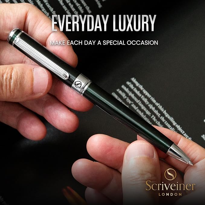 Scriveiner BlackGreen Ballpoint Pen - Black Green Luxury Pen, Chrome Finish, Schmidt Black Refill, Best Ball Pen Gift Set for Men & Women, Professional Executive Office, Nice Designer Pen