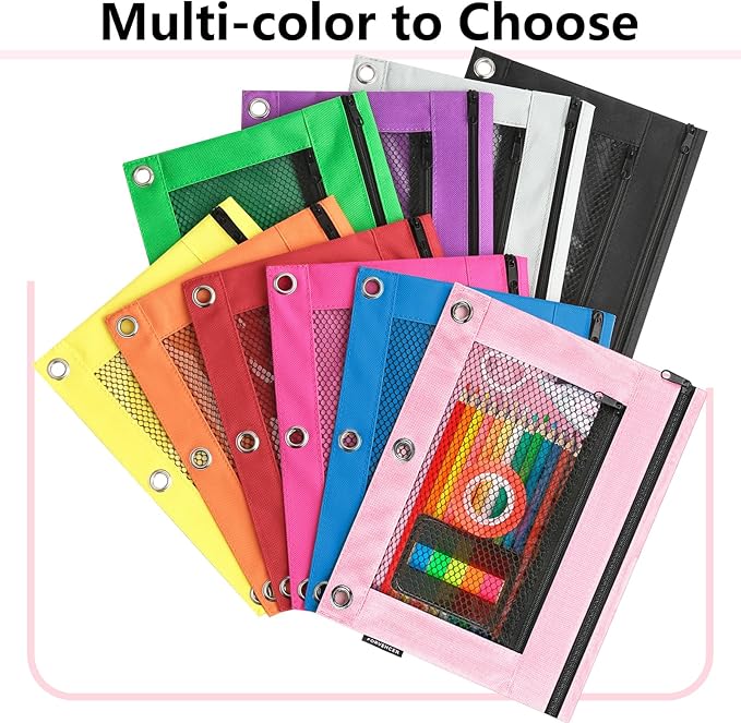 Forvencer Pencil Pouch for 3 Ring Binder, Large Capacity Pencil Pouches with Zipper, Soft Fabric Pencil Bag, Clear Pencil Case with 3 Hole, Portable Office Stationery School College Organizer, Pink