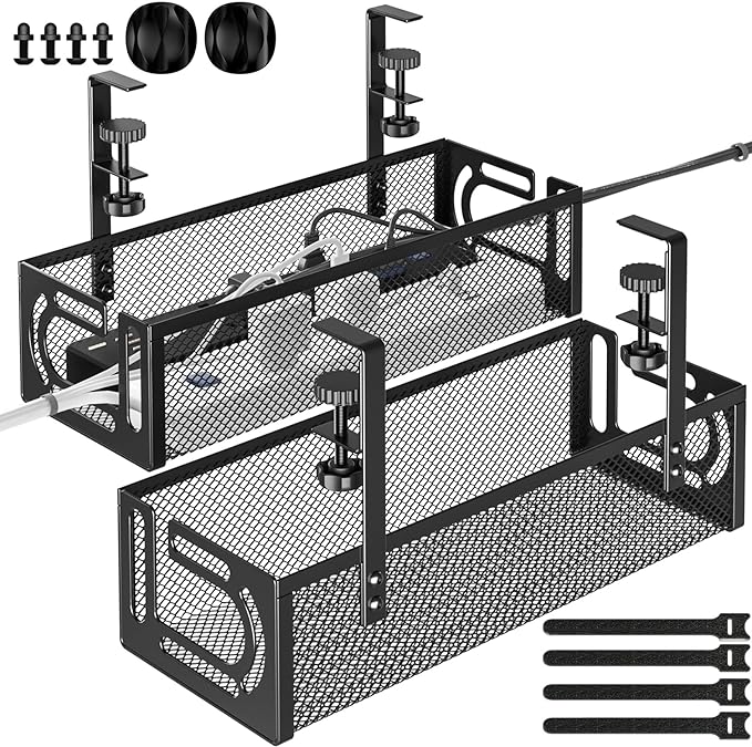 Under Desk Cable Management Tray, 15.7'' No Drill Steel Desk Cable Organizers, Wire Management Tray Cable Management Rack (2 Packs-Black)