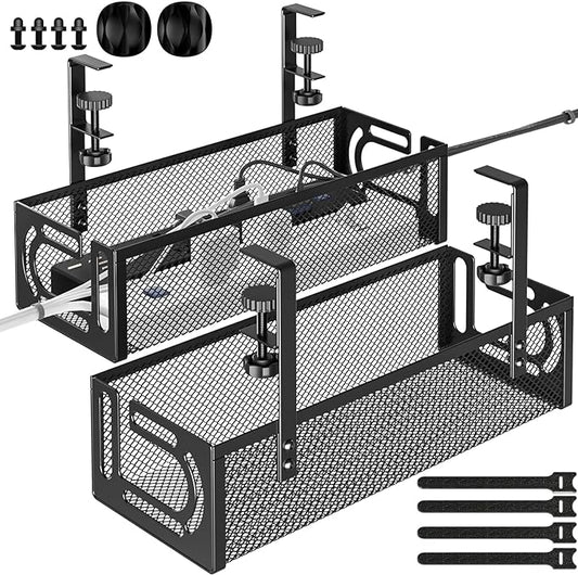 Under Desk Cable Management Tray, 15.7'' No Drill Steel Desk Cable Organizers, Wire Management Tray Cable Management Rack (2 Packs-Black)
