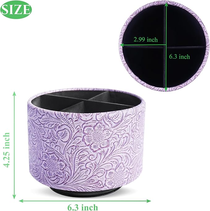 lizimandu Round Leather Art Supply Organizer,Remote Control Holder,360 Degree Spinning,Multi-Functional Pencil Holder,4 Compartments Desktop Stationary Organizer(1-Carved Puple)