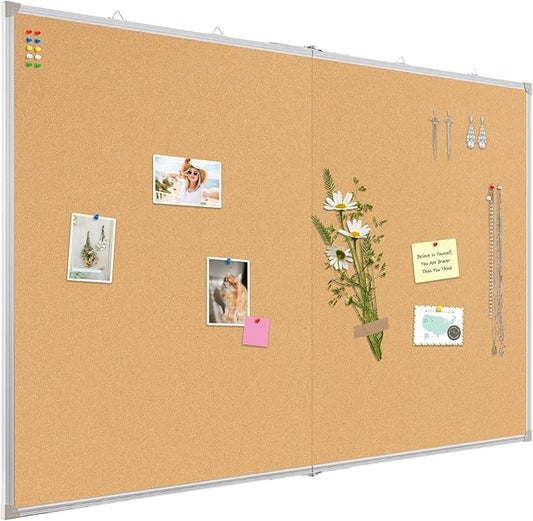 Double-Sided Large Cork Board, 60" x 40" Foldable Hanging Aluminum Framed Bulletin Board, Vision Board Pin Board Corkboards for Walls, Office, School Decor, 20 Pushpins