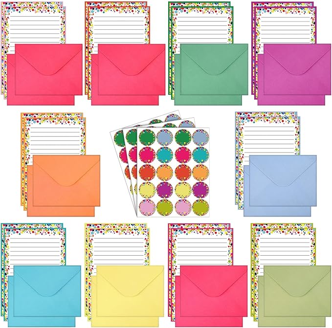 TaoBary 160 Pcs Stationery Paper Set 50 Double Sided Stationery Papers with 50 Matching Envelopes and 60 Round Dot Sticker, 10 Design(Dot,5.5 x 8.25 Inch)
