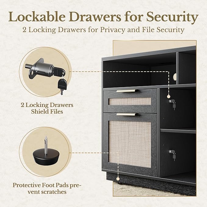 4 Drawer File Cabinet, Fluted Wood Lateral Filing Cabinet with Lock and Charging Station for Home Office, Printer Stand with Open Storage Shelves, Fits A4, Letter Size, Black