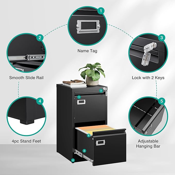 SISESOL 2 Drawer File Cabinet with Lock and Tag,Narrow Two Drawer Filing Cabinet,Vertical Metal File Cabinets,Small Filing Cabinets for Home Office Fit Letter/A4/Legal Size File,Easy Assembly