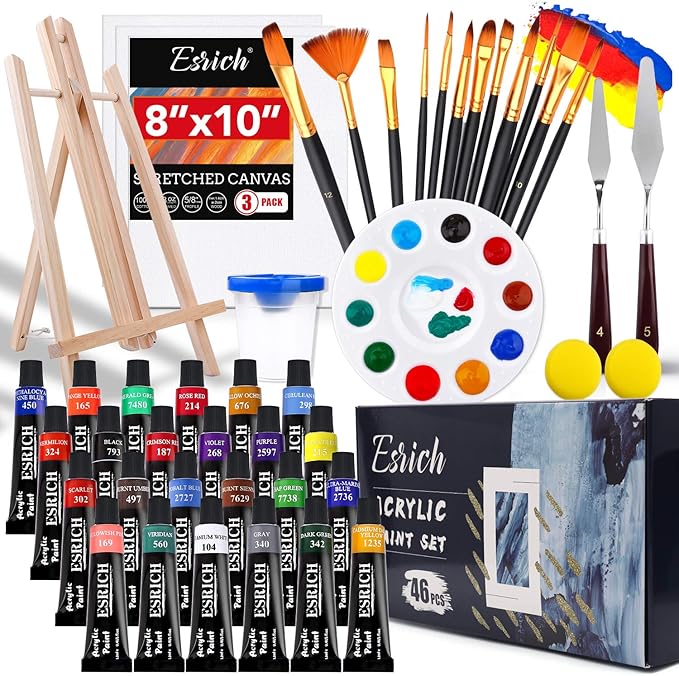 ESRICH Acrylic Paint Set,46 Piece Professional Painting Supplies with Paint Brushes, Acrylic Paints, Easel, Canvases, Palette, Paint Knives, Brush Cup and Art Sponges for Hobbyists and Beginners