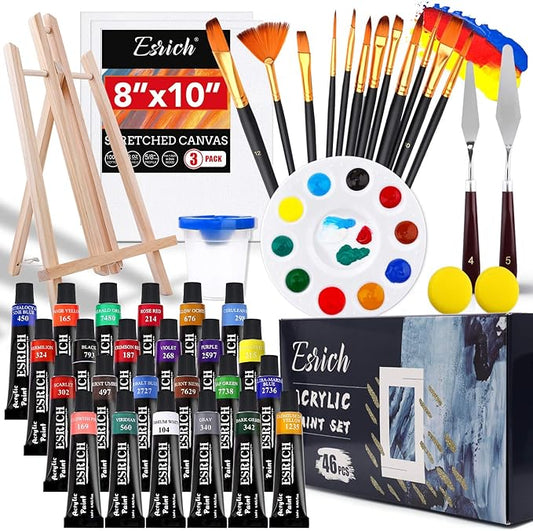 ESRICH Acrylic Paint Set,46 Piece Professional Painting Supplies with Paint Brushes, Acrylic Paints, Easel, Canvases, Palette, Paint Knives, Brush Cup and Art Sponges for Hobbyists and Beginners