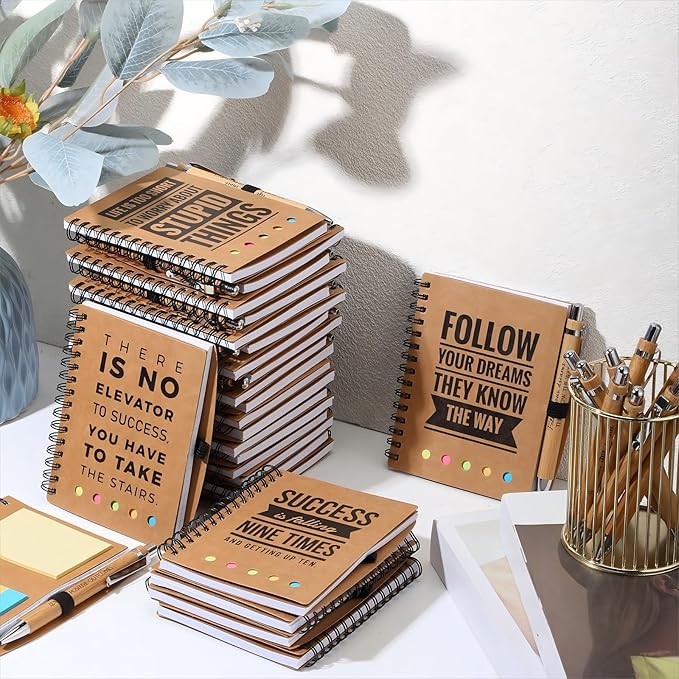 Yeaqee 10 Set Inspirational Spiral Notebook Bulk with Motivational Bamboo Ballpoint Pens Sticky Notepad Employee Appreciation Gifts for Teacher Staff Team Nurse Housekeeping Week Medical Assistant