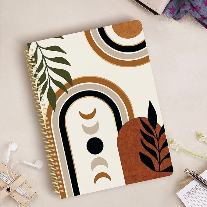 Cute Spiral Notebook journal A4 Aesthetic Pretty Design for Women Girls Kawaii with Pocket, 8.5 x 11 inch, Lined, Moon Boho