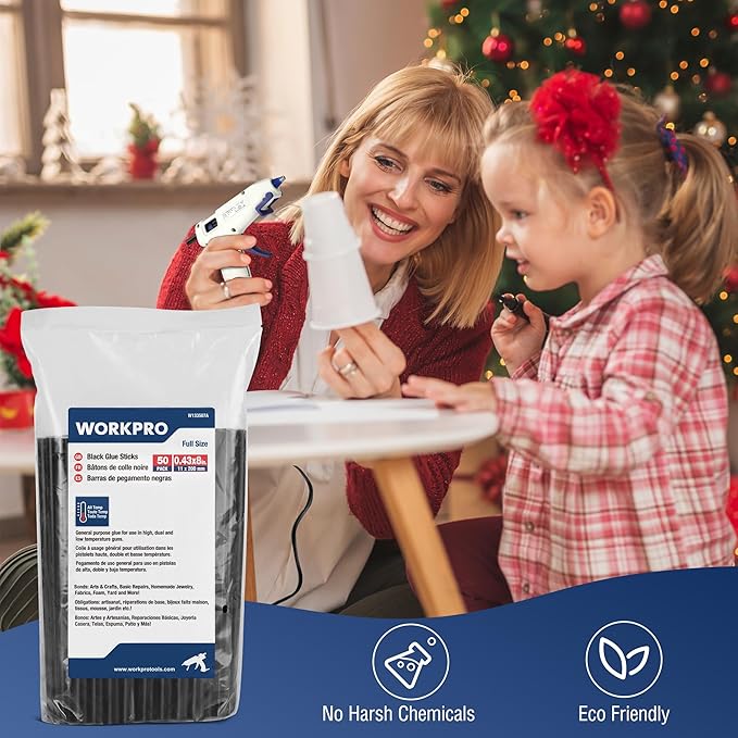 WORKPRO Hot Glue Sticks Full Size, 50-Pack, 0.43x8 Inches, Black Hot Melt Sticks for All-Temp Glue Guns, Multipurpose for DIY Craft General Repairs, Home Decorations and Gluing Projects