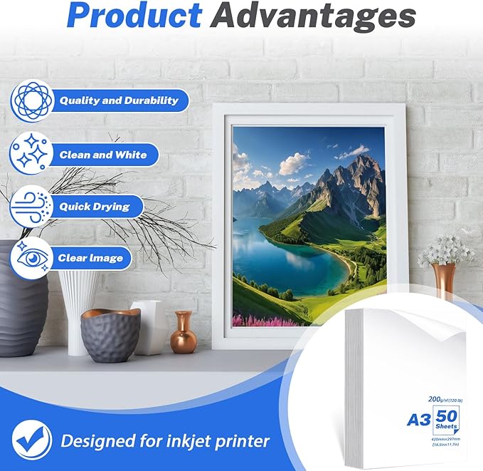 50 Sheets A3 Photo Paper Single Sided, 200 gsm White High Glossy Paper, Advanced Photographic Photo Printer Paper for Inkjet Printer Printing Picture Cover Brochures