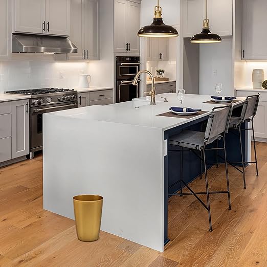 Mini Waste Basket - Durable Small Plastic Garbage Trash Can Bin - Lidless Open-Top Rectangular Slim Profile for Compact Spaces - Suitable for Home, Bathroom, Office, Bedroom & More, Soft Brass