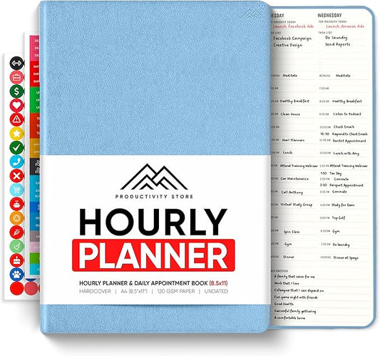 Hourly Planner & Appointment Book (8.5” x 11”) - Premium Hourly Planner with Daily Schedule & 30-Minute Time Slots for Better Time Management by PRODUCTIVITY STORE (A4, Blue)