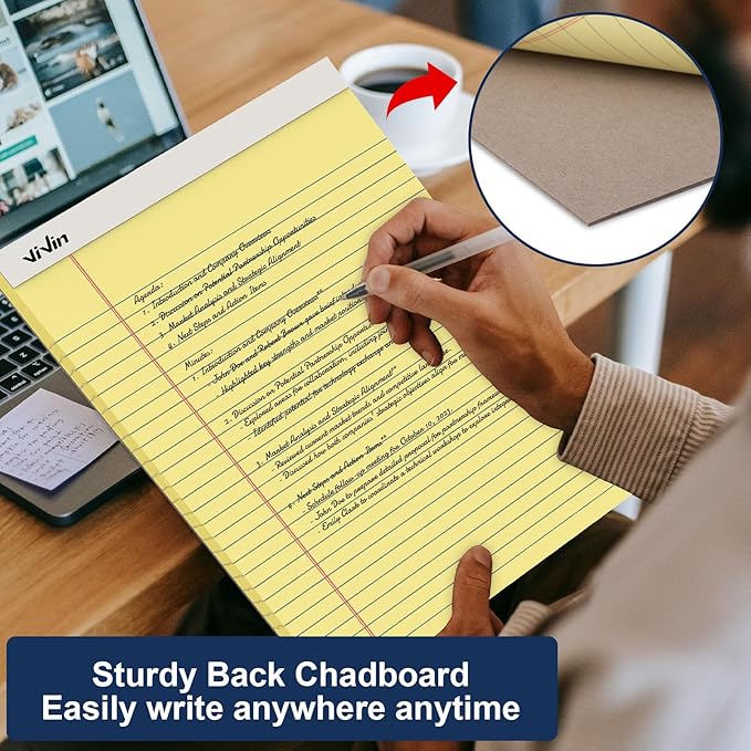 ViVin Legal Pads 8.5 x 11 Inch, Wide Ruled Note Pads, 12 Pack, 50 Sheet/Pad, Perforated Writing Pads, Notepads for Office Home School, 600 Sheets, Canary Yellow Paper