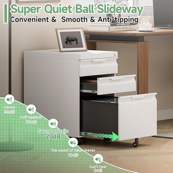 3 Drawer Mobile File Cabinet with Lock,Under Desk Metal Filing Cabinets with Wheels for Home Office Organizer Letters/Legal/A4(Easy Assemble-White)