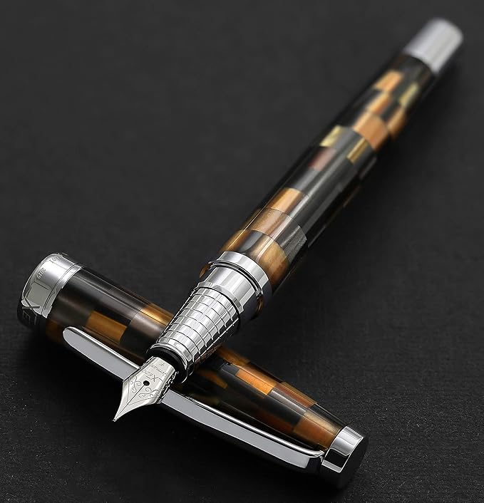 Xezo Urbanite Fountain Pen, Fine Nib. Woody Brown, Tan, Silver, and Black Acrylic on Brass. Chrome Plated. Limited Edition and Serialized