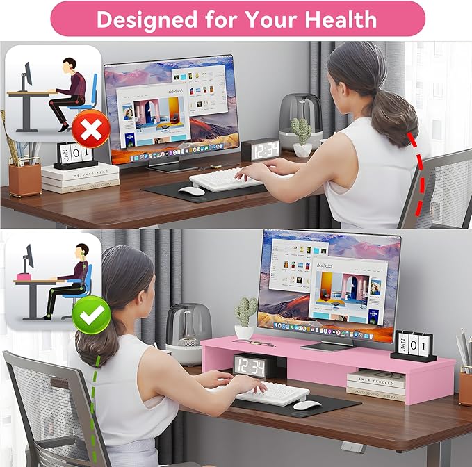 Dual Monitor Stand Riser with LED Lights, Large Monitor Stand for Desk, Computer Monitor Stand for 2 Monitors, Desk Shelf for Top of Desk, Desktop Organizer for Laptop, Printer, TV, Pink