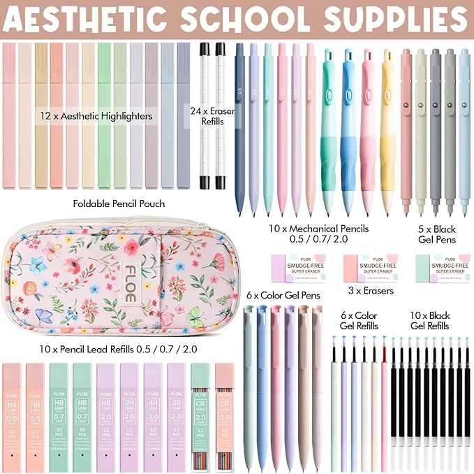 65PCS Aesthetic School Supplies with Cute Pencil Case, Pastel Highlighters Gel Pens Mechanical Pencils Set 0.5 0.7 & 2.0mm, Office Back to School Supplies College Essentials Kit Student Stationary Set