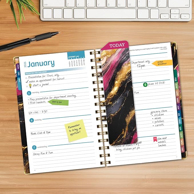 HARDCOVER 2026 Planner, 5.5"x8": 14 Months (November 2025 - December 2026), Daily Weekly Monthly Planner, Yearly Agenda, Bookmark, Pocket Folder and Sticky Note Set (Dark Gold Marble)