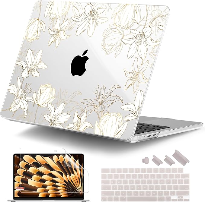 DONGKE Compatible with M4 MacBook Air 15 inch Case 2025 2024 2023 A3241 A3114 A2941 M3 M2 Liquid Retina Display Touch ID, Plastic Hard Case & Keyboard Skin & Screen Protector - Golden Floral