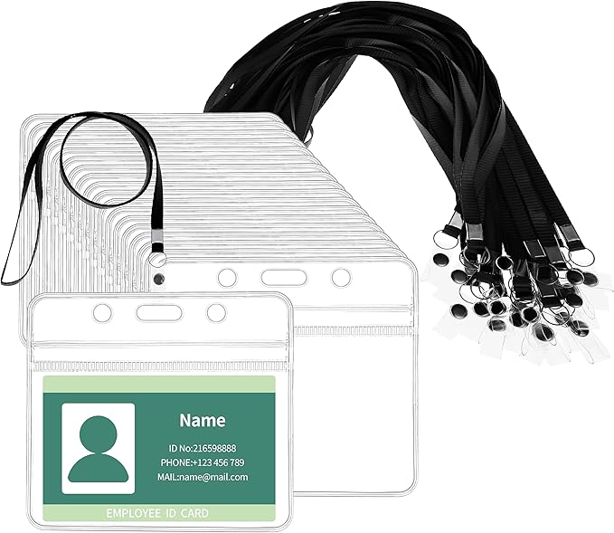 RexID 50 Pcs Horizontal ID Holder Badges Name Tags,Waterproof Clear Plastic ID Card Holders with Blue Lanyard (50 Pcs (Horizontal), Blue)