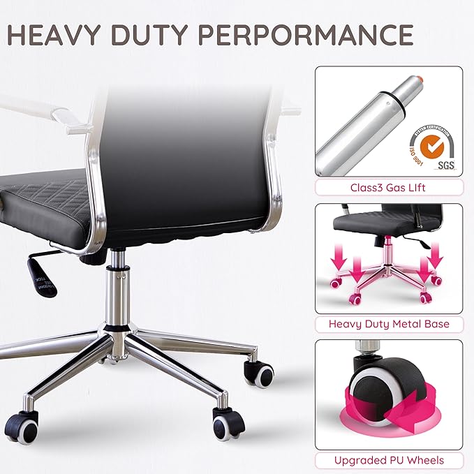 Livinia Modern Executive Office Chair with Patterned Back Design, Chrome & Leather Swivel Chair with High Back, Adjustable Height, Removable Armrests, and Wheels for Home Office (Black(Chrome))