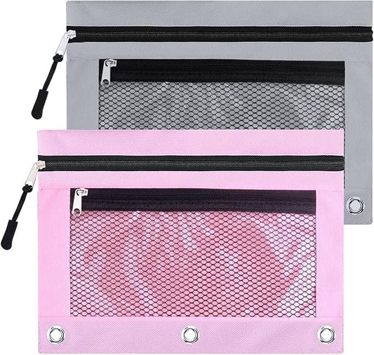 3 Ring Binder Pencil Pouchs, Zippered Pencil Pouch Double Pocket Pencil Pouch 3 Ring with Clear Window