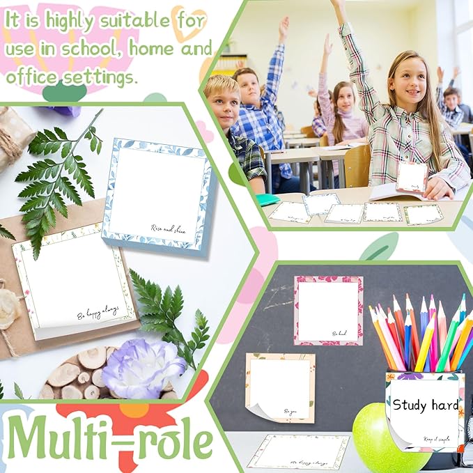 9 Pieces Flowers Designed Sticky Note Adhesive Cute Memo Notes Self-Stick Note Pads for Back to School Decorations Home Classroom Office Party Decor