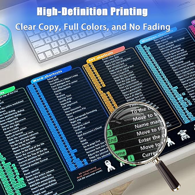 Windows/Excel/Word/PPT/Classic Outlook Cheat Sheet Desk Pad, MS Office Shortcuts Mouse pad, PC Desk Mousepad Mat,Non-Slip Stitched Edge, Employee Appreciation Gifts (27.4x11.8x0.12in)