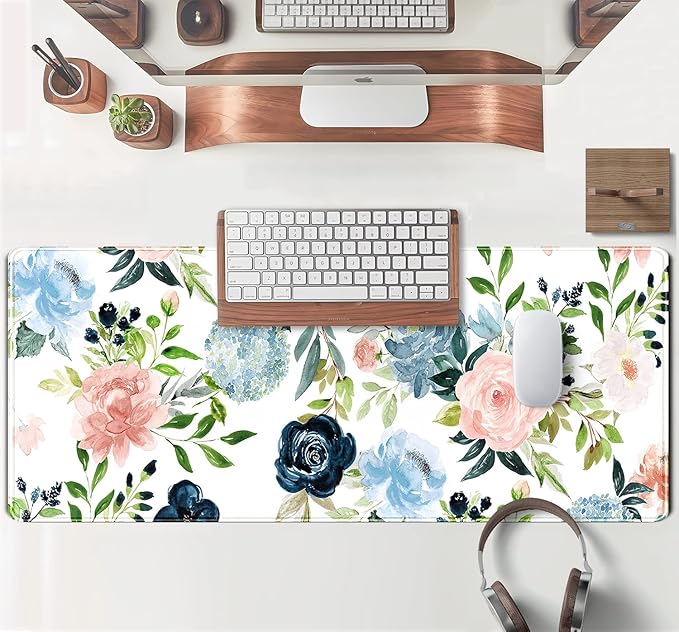 Gaming Green Desk Mat Desk Mouse Pads Purple Blue Pink Floral Mouse Pad Large, XL Big Computer Keyboard Mouse Mat Desk Pad Mat with Stitched Edge for Women Home Office Decor Deskmat 31.5x11.8 in